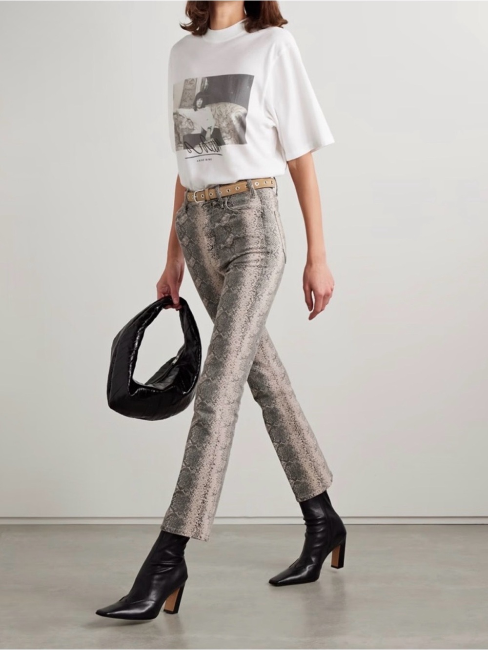 MOTHER The Hustler Flood Boa Babe Snake-Print Straight Leg Jeans in Gray